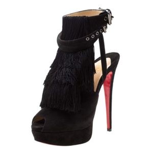 Christian Louboutin Black Suede Fringe Peep-Toe Platform Heels